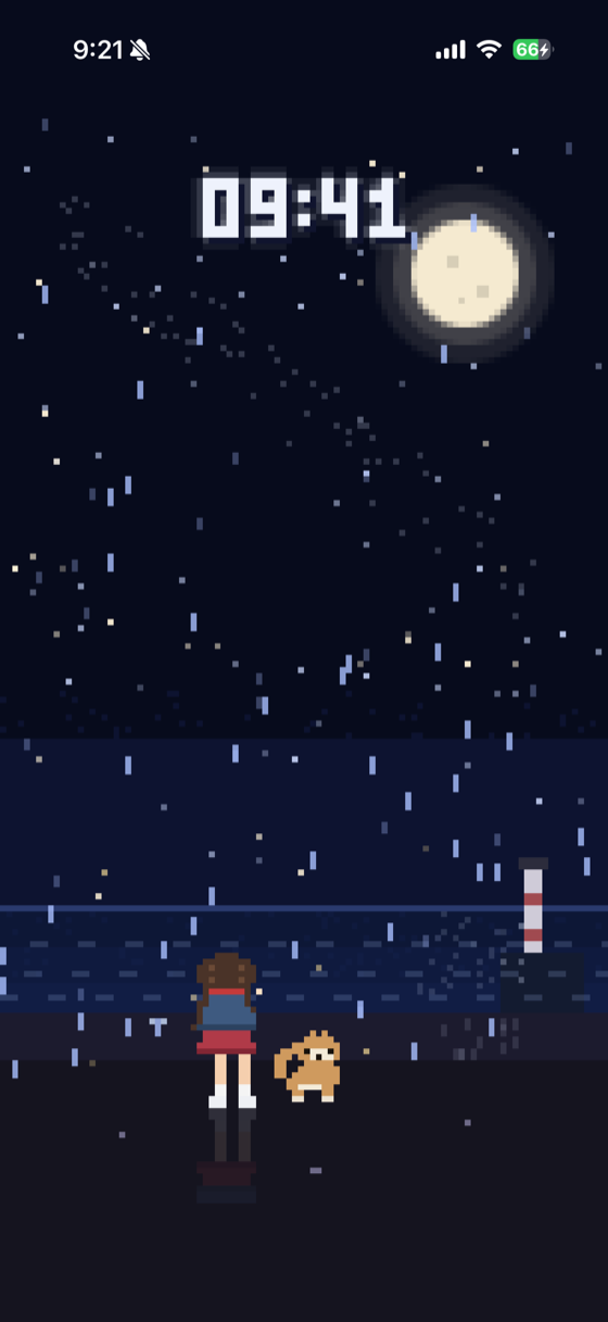 雨宿りの夜の海辺の情景。月あかりのもと、少女と犬が雨を眺めている。大きな時計が 09:41 を示す。